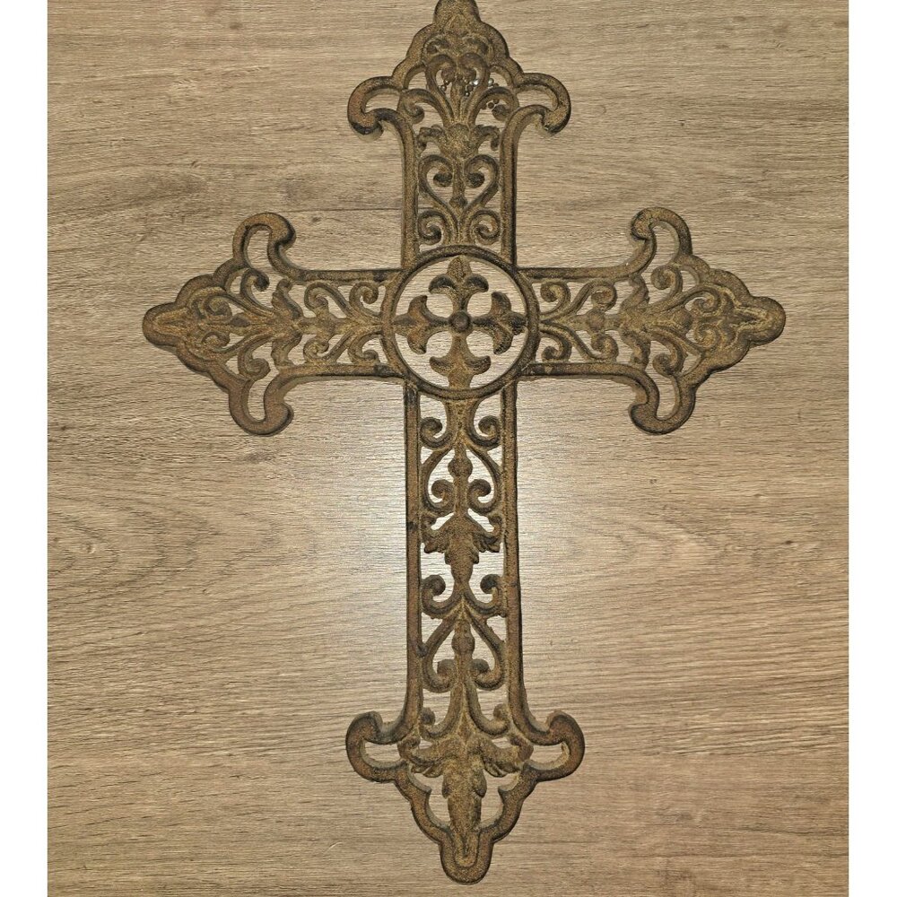 Cast Iron Hanging Cross Scrollwork Rustic Brown Finish Religious Heavy - Picture 2 of 10